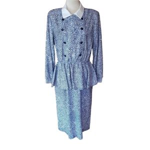1980s Jean Leslie‎ Blue & White Peplum Career Dress